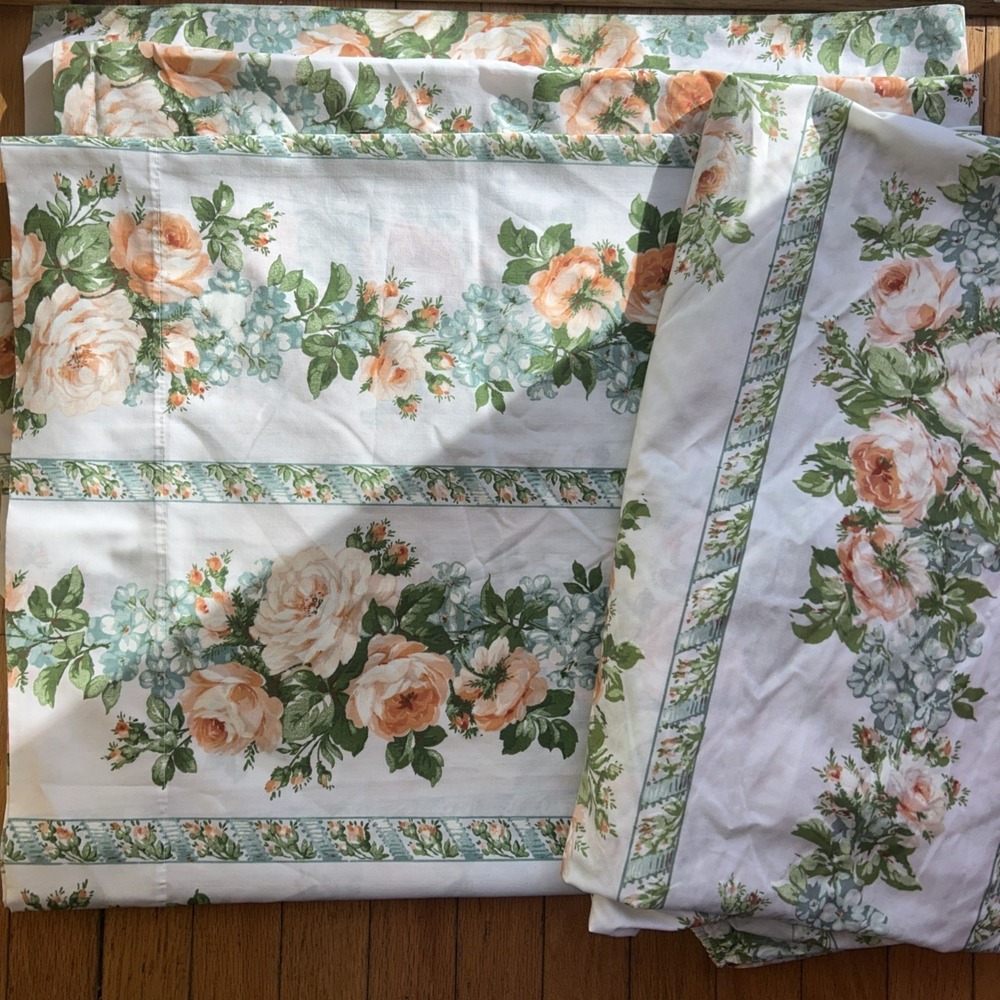 Vintage FULL Rose Floral Sheet Set Fitted Flat Percale Cotton Blend Pink Cottage